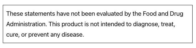 Sentence with replaced product name and brand name: Text warning that Hair + Skin Fine Plant & Mushroom Powder 2 oz. statements have not been evaluated by the FDA and it is not for diagnosing, treating, curing, or preventing any disease related to skin and hair health from Faire.com.