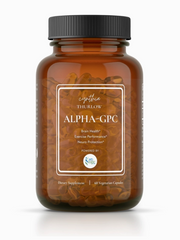 A brown bottle labeled "MD Logic Health Alpha-GPC (60 capsules)" containing 60 vegetarian capsules, marketed as a choline source for brain health, exercise performance, and cognitive function by Faire.com.