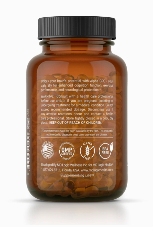 A bottle of Faire.com MD Logic Health Alpha-GPC (60 capsules) supplements, known for supporting cognitive function, features a white label listing ingredients, warnings, and usage instructions. The brown bottle has a secure lid to ensure freshness.