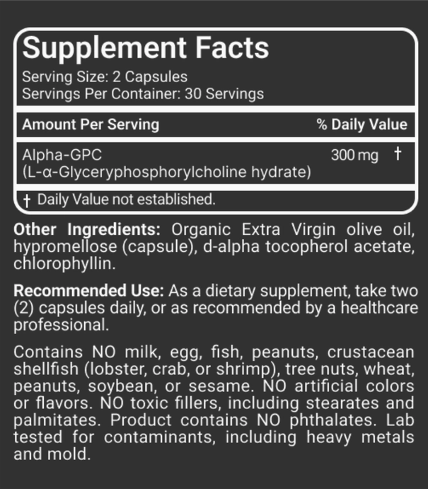 Supplement Facts label detailing contents and recommended use of Faire.com MD Logic Health Alpha-GPC (60 capsules), a potent choline source known for supporting cognitive function. Also lists absence of common allergens and adherence to various standards.