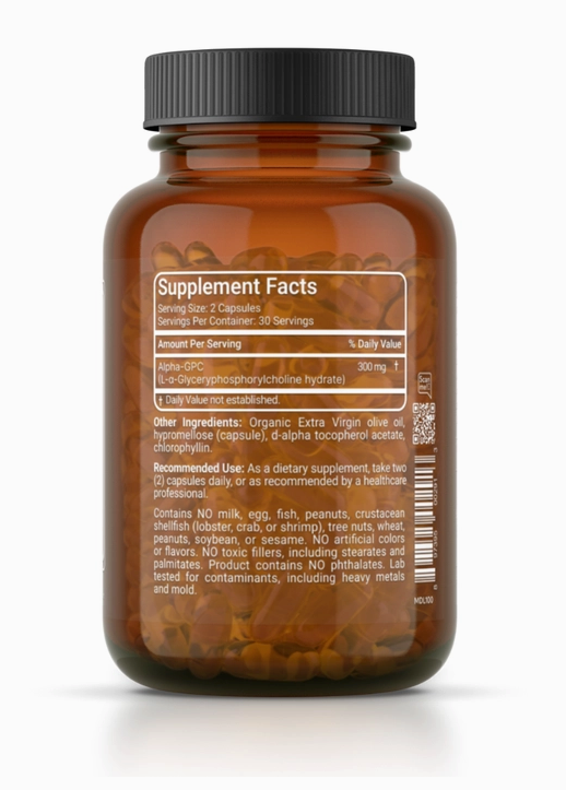 A brown supplement bottle with a black cap, displaying a supplement facts label detailing serving size, ingredients, and additional information about the contents. This bottle contains MD Logic Health Alpha-GPC (60 capsules) by Faire.com, a known choline source that supports cognitive function.