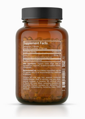 A brown supplement bottle with a black cap, displaying a supplement facts label detailing serving size, ingredients, and additional information about the contents. This bottle contains MD Logic Health Alpha-GPC (60 capsules) by Faire.com, a known choline source that supports cognitive function.