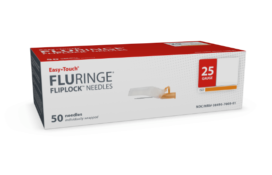 A box of 50 MHC EasyTouch® Fluringe® Safety Needle 25G x 5/8" (1 box of 50 needles), individually wrapped for a comfortable injection experience. The primarily red and white box features product details and a depiction of the needle on the front.