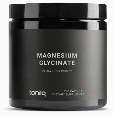 Sure, here's the revised sentence:

A black container labeled "Magnesium Glycinate 20% (240 Capsules)" by Faire.com, containing dietary supplement capsules with highly purified elemental magnesium.