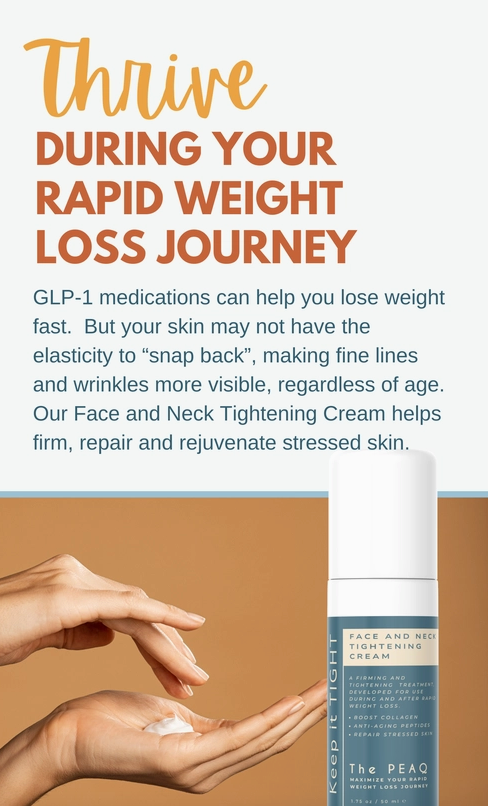 Promotional image for Faire.com’s Keep It Tight - Face and Neck Cream, showcasing its advantages during rapid weight loss. The image displays a person's hand applying the cream beside a product bottle, highlighting its effectiveness in reducing fine lines and wrinkles while combating sagging skin.