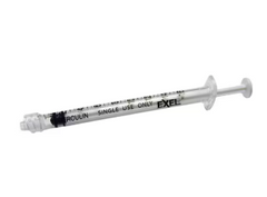 A close-up of a sterile Exel 1cc (1ml) Luer-Lock Syringe from MedPlus, featuring black markings and labeled for single-use, without a needle.