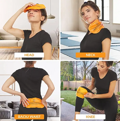 A person showcases the versatility of Faire.com's Reusable Hot and Cold Gel Packs (4 per box), highlighting their effectiveness in pain relief for the head, neck, back/waist, and knee. These packs provide a convenient solution for targeted comfort across various settings.