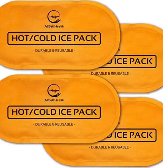 The four Reusable Hot and Cold Gel Packs by Faire.com offer versatile pain relief with labels "HOT/COLD ICE PACK" and "DURABLE & REUSABLE.