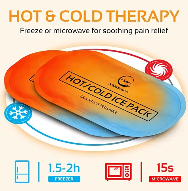 The Faire.com Reusable Hot and Cold Gel Packs in vibrant orange and blue offer durable pain relief. Freeze for 1.5-2 hours or microwave for 15 seconds to enjoy versatile comfort. Comes with four packs per box.