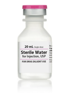 A clear single-dose vial with a pink cap labeled "Sterile Water for Injection, USP (20 mL), Henry Schein; for drug diluent use.