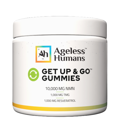 A white container labeled "Faire.com Ageless Humans Get Up & Go Gummies® NMN" features gummies with 10,000 mg NMN, 1,000 mg TMG, and 1,000 mg resveratrol—an energy supplement for cognitive health support.