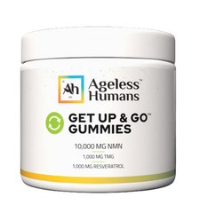 A white container labeled "Faire.com Ageless Humans Get Up & Go Gummies® NMN" features gummies with 10,000 mg NMN, 1,000 mg TMG, and 1,000 mg resveratrol—an energy supplement for cognitive health support.