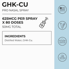 Ghk-Cu Intranasal Spray 50 mg/0.34 oz. by Faire.com label displays dosage, total amount, distilled water and GHK-Cu ingredients, and quality assurance icons—designed to support tissue recovery and skin repair.