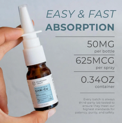 A hand holds a Ghk-Cu Intranasal Spray 50 mg/0.34 oz. by Faire.com, beside text emphasizing precise dosage, fast absorption, and premium quality for effective skin repair and tissue recovery.