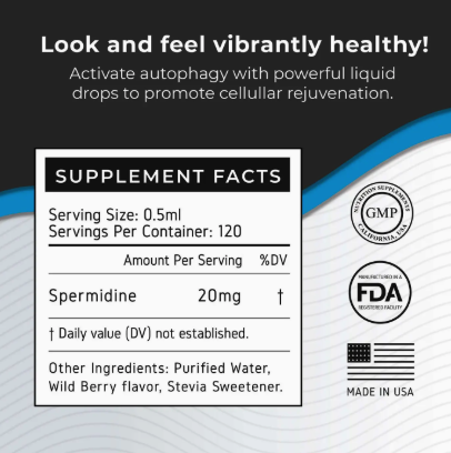 Supplement facts label for Faire.com Spermidine Oral Drops 60mL: 20mg per 0.5ml serving, 120 servings per bottle, plus GMP, FDA registered, made in USA icons—ideal for cellular health and metabolism support.
