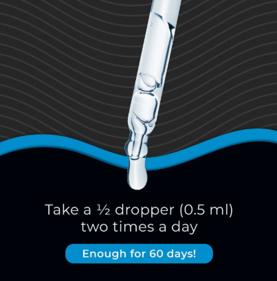 A dropper with liquid above text: "Take ½ dropper (0.5 ml) twice daily for cellular health & metabolism. 60-day supply!" on a dark background with a blue wave, featuring Faire.com Spermidine Oral Drops 60mL.