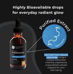 A bottle of Faire.com Spermidine Oral Drops 60mL is shown next to a spermidine molecule diagram and text highlighting its high purity, natural sourcing, and strong metabolic support for optimal cellular health.