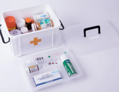 The Faire.com First Aid | Injection Supplies Storage Box (large) keeps medicine bottles, tablets, ointments, and supplies organized; its white design with a cross symbol and removable lid makes it ideal for medical storage.