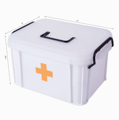 The Faire.com First Aid | Injection Supplies Storage Box (large) is a white plastic container with a black handle on the lid and an orange medical cross symbol on the side; dimensions are shown around the portable box.