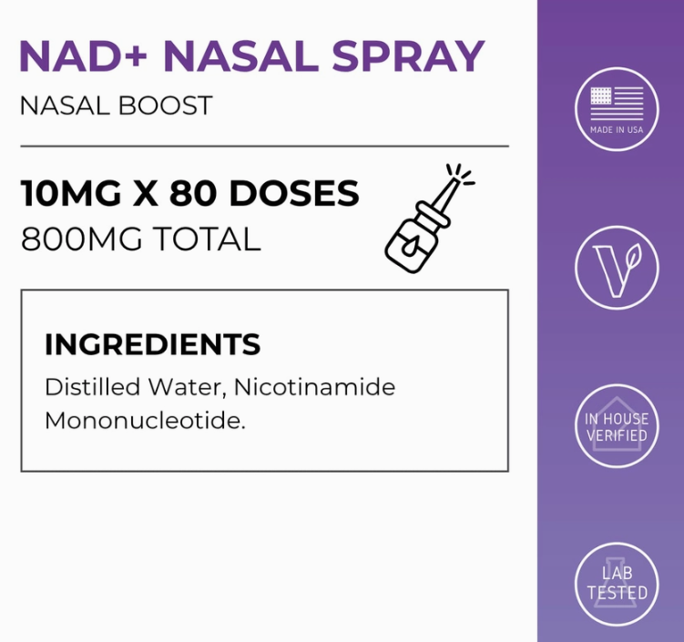 Faire.com NAD Intra Nasal Spray - Nasal Boost 800 mg/0.34 oz, featuring 10mg x 80 doses and ingredient list. Includes icons: Made in USA, vegan, in-house verified, lab tested. Supports cellular energy with Nicotinamide Mononucleotide.