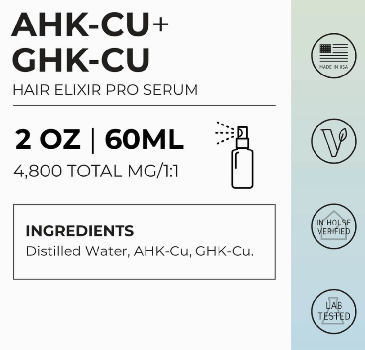 Faire.com Ahk-Cu + Ghk-Cu Hair Elixer Pro Serum, 4800mg/2oz. Promotes hair growth as a scalp spray. Made in USA, Vegan, In House Verified, Lab Tested. Full ingredients listed.