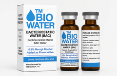 Two small sterile glass vials and a box labeled "TM BioWater™ - Bacteriostatic Water (BAC) 30mL - Glass Vial" by Westend Medical Supply, ideal for peptide reconstitution, with storage and handling instructions visible.