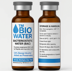 Two brown glass vials labeled "TM BioWater™ - Bacteriostatic Water (BAC) 30mL" by Westend Medical Supply list ingredients, volume, and storage—ideal for peptide reconstitution and other applications needing bacteriostatic water.