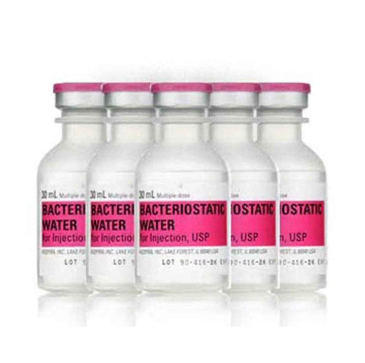 Six clear vials labeled "Bacteriostatic Water for Injection, USP" with pink and white labels and pink caps, arranged in a row—an essential element of the Custom Item Injection Kit for Weight Loss Regimens (6 Month Supply), ideal for use with subcutaneous injection needles. Price increased to $30.28 from $24.53 on 5/1/25 (all Exel items).