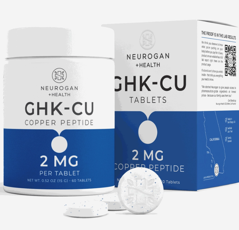 Two bottles labeled “Neurogan Health Ghk-Cu Copper Peptide Tablets 2mg (60 tablets)” with Faire.com branding are displayed, accompanied by three white round tablets placed in front. These oral supplements are formulated to support skin health, providing the benefits of Copper Peptide in a convenient tablet form.