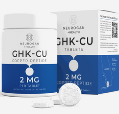 Two bottles labeled “Neurogan Health Ghk-Cu Copper Peptide Tablets 2mg (60 tablets)” with Faire.com branding are displayed, accompanied by three white round tablets placed in front. These oral supplements are formulated to support skin health, providing the benefits of Copper Peptide in a convenient tablet form.