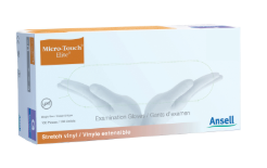 Box of MedPlus Ansell MICRO-TOUCH® ELITE® powder-free synthetic medical exam gloves, size extra large, providing latex allergy protection. The packaging displays an image of gloved hands on the front.