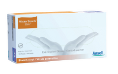Box of MedPlus Ansell MICRO-TOUCH® ELITE® powder-free synthetic medical exam gloves, size extra large, providing latex allergy protection. The packaging displays an image of gloved hands on the front.