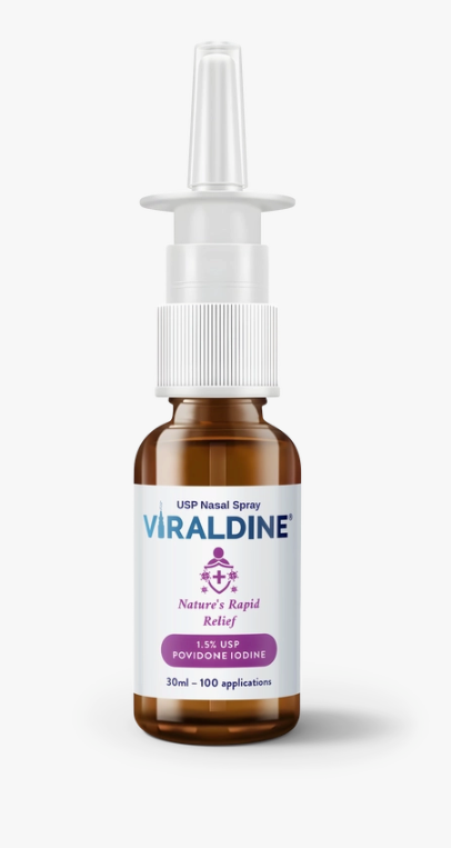 A brown bottle labeled “Viraldine 1.5% Povidone-Iodine Nasal Spray Allergy Cold Flu (30mL)” by Faire.com, featuring a white nasal spray nozzle and containing 30ml of 1.5% povidone-iodine for rapid cold and flu relief and improved respiratory hygiene.
