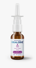 A brown bottle labeled “Viraldine 1.5% Povidone-Iodine Nasal Spray Allergy Cold Flu (30mL)” by Faire.com, featuring a white nasal spray nozzle and containing 30ml of 1.5% povidone-iodine for rapid cold and flu relief and improved respiratory hygiene.