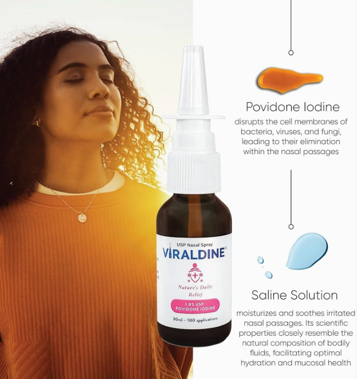 A woman stands with closed eyes near a bottle of Faire.com Viraldine 1.5% Povidone-Iodine Nasal Spray Allergy Cold Flu (30mL), with the benefits of Povidone-Iodine and Saline Solution displayed beside her, highlighting effective respiratory hygiene and relief from cold and flu symptoms.