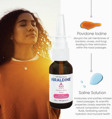 A woman stands with closed eyes near a bottle of Faire.com Viraldine 1.5% Povidone-Iodine Nasal Spray Allergy Cold Flu (30mL), with the benefits of Povidone-Iodine and Saline Solution displayed beside her, highlighting effective respiratory hygiene and relief from cold and flu symptoms.