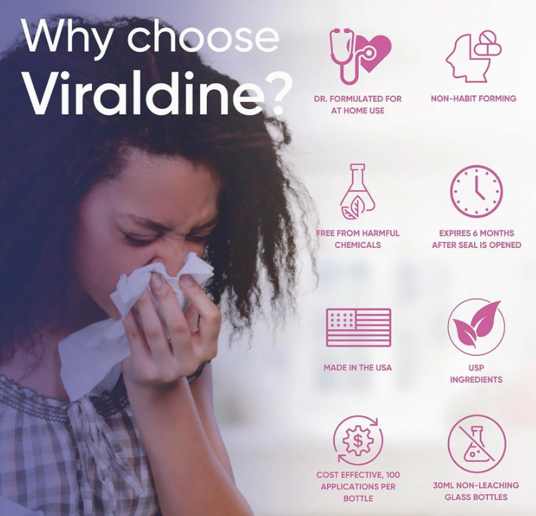 A woman practices respiratory hygiene and blows her nose, while icons highlight the benefits of Faire.com Viraldine 1.5% Povidone-Iodine Nasal Spray Allergy Cold Flu (30mL), including relief from cold and flu symptoms, non-habit forming formula, cost-effectiveness, and being made in the USA.