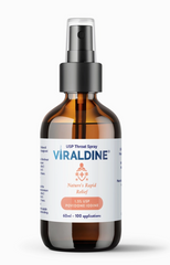 A brown glass bottle of Faire.com’s Viraldine 1.5% Povidone-Iodine Throat Spray Rapid Relief (60mL) with a black spray nozzle, designed for up to 100 applications—an ideal choice for supporting nasal health and providing effective cold and flu relief.