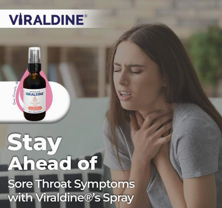 A woman holds her throat in discomfort next to a bottle of Faire.com Viraldine 1.5% Povidone-Iodine Throat Spray Rapid Relief (60mL), with text highlighting its fast-acting relief from sore throat symptoms and support for overall nasal health, providing effective cold and flu symptom relief.