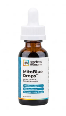 A brown glass dropper bottle labeled “MitoBlue®️ Methylene Blue Sublingual Drops (30mLs)” by Faire.com, displaying claims of antioxidant, cognitive, and energy benefits on the front label. Formulated with methylene blue to support mitochondrial function and cellular energy production.