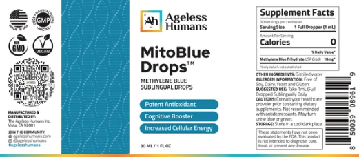 Label for MitoBlue®️ Methylene Blue Sublingual Drops (30mLs) from Faire.com, a sublingual supplement promoting antioxidant support, cognitive function, and increased energy by enhancing mitochondrial activity; features supplement facts and certification details.