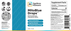 Label for MitoBlue®️ Methylene Blue Sublingual Drops (30mLs) from Faire.com, a sublingual supplement promoting antioxidant support, cognitive function, and increased energy by enhancing mitochondrial activity; features supplement facts and certification details.