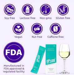 Upside - Hangover Jelly Sticks by Faire.com feature icons on the packaging and a wine glass: soy-free, lactose-free, non-GMO, gluten-free, vegan, nut-free, and caffeine-free. Made in an FDA-approved facility with Tropical Berry Jelly notes to aid alcohol digestion effortlessly.