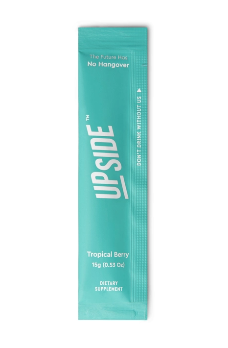 A 15g teal Upside jelly sachet from Faire.com, labeled "Tropical Berry Jelly," features "The Future Has No Hangover" and "Don't Drink Without Us." It's a liver detox supplement designed to aid alcohol digestion.