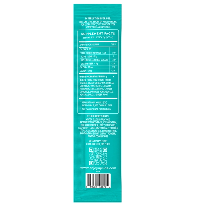 A turquoise packet of Upside - Hangover Jelly Sticks by Faire.com features supplement facts and usage instructions. This tropical berry jelly serves as a liver detox supplement, with the website URL visible at the bottom.