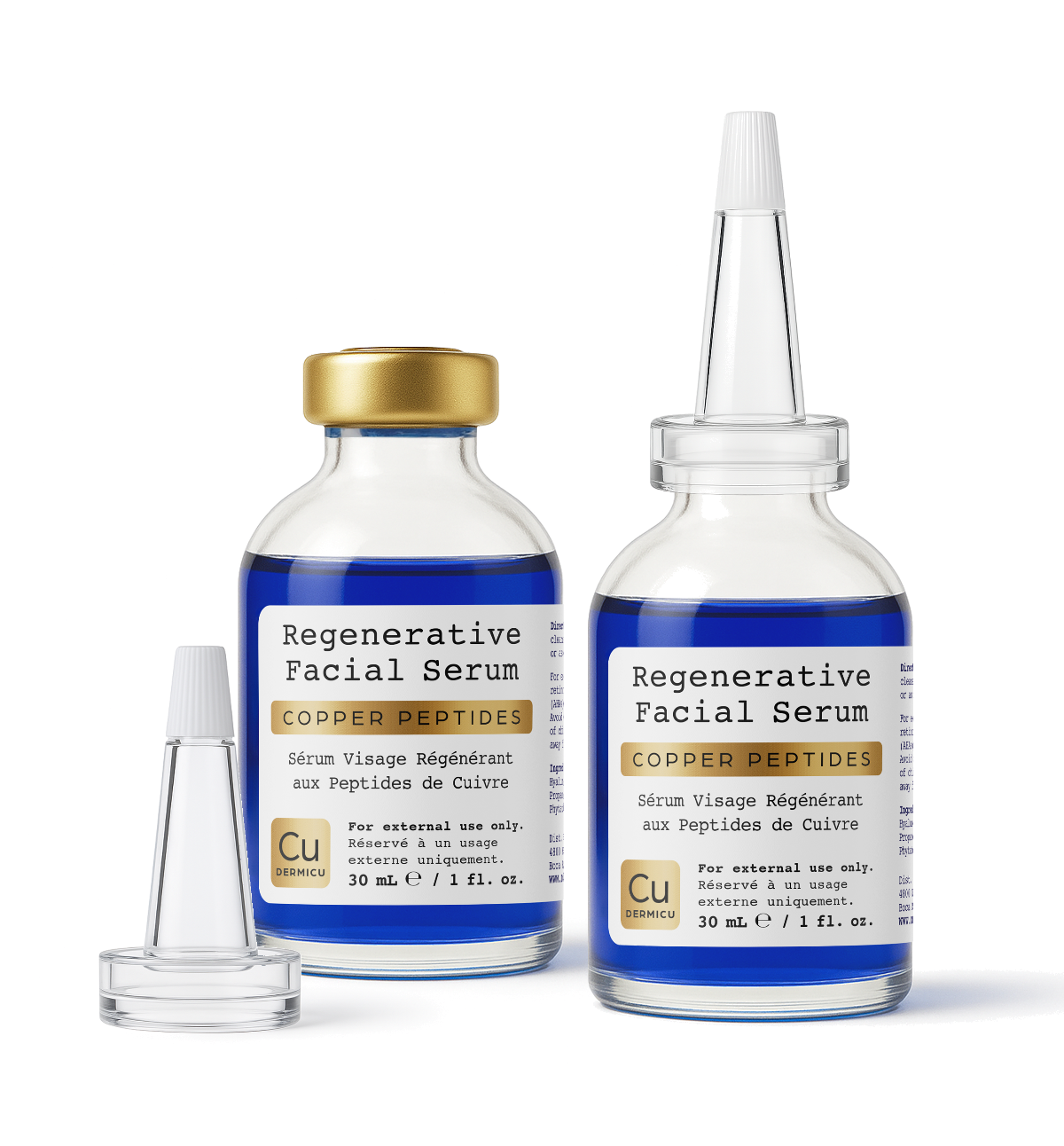 Two bottles of Custom Item Dermicu® GHK-Cu Regenerative Facial Serum—blue liquid, white label, droppers (one gold cap, one transparent)—plus a spare dropper.