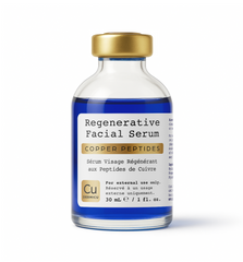 A 30 mL glass bottle of blue liquid labeled "Dermicu® GHK-Cu Regenerative Facial Serum" by Custom Item, with text in English and French.