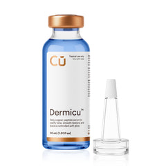 A bottle of Custom Item Dermicu™ GHK-Cu Facial Serum with a gold cap sits beside a clear applicator tip on a white background, designed to target uneven skin tone and refine skin texture.