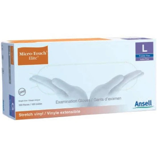 A box with a pair of Ansell MICRO-TOUCH® ELITE® Powder-Free Synthetic Medical Exam Gloves (LRG) by MedPlus in it.
