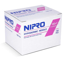 A box of Nipro 5cc (5ml) 18G x 1" Luer-Lock Syringe & Hypodermic Needle Combo (50 pack), also known as hypodermic needles, on a white background.